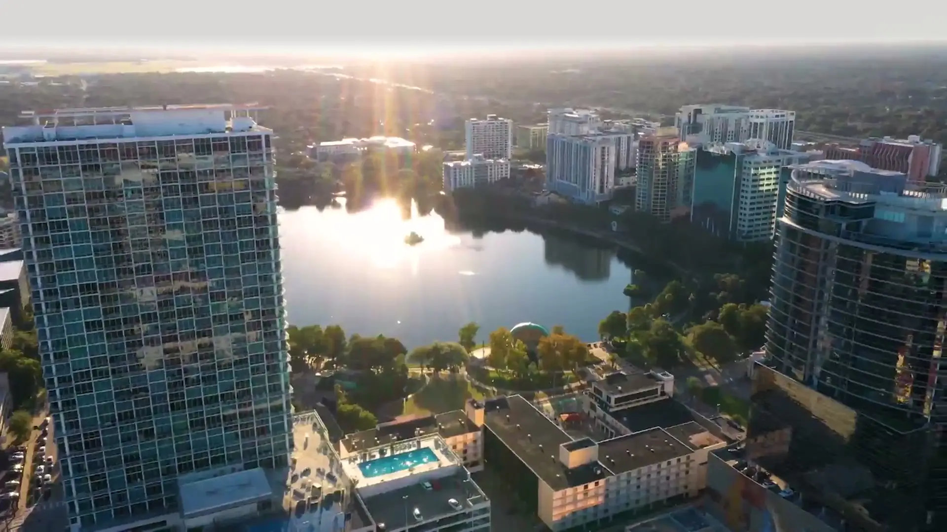 Golden-hour aerial film over Central Florida