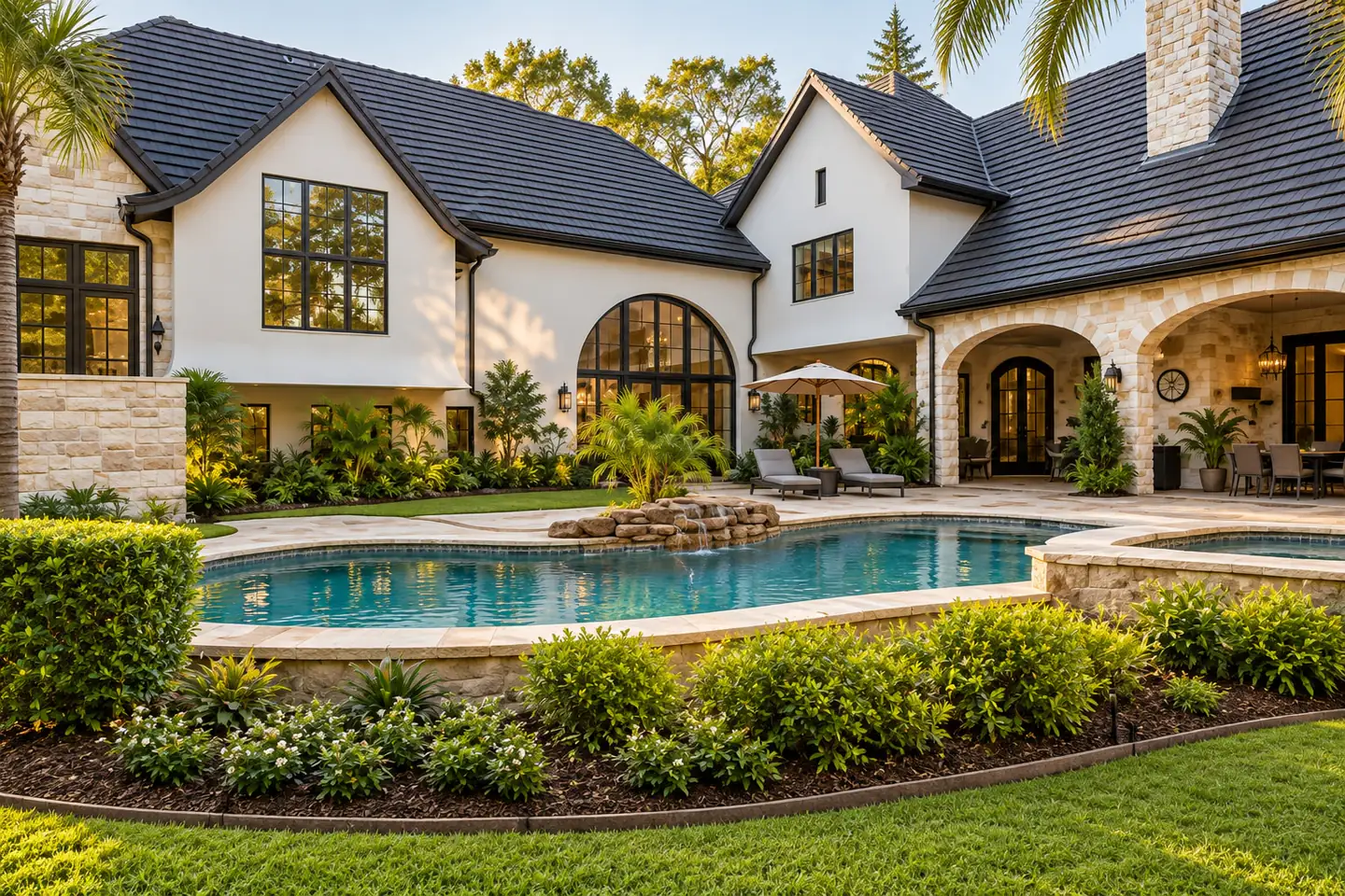 Stone and stucco estate with a pool and arched loggia at golden hour